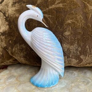 Iridescent Blue and White Ceramic Heron Figurine - MCM Art Deco